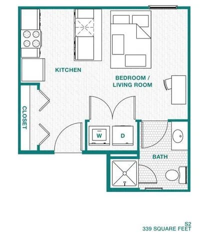 Efficiently designed 339 sq ft floor plan with a combined bedroom and living room, modern kitchen, and well-appointed bath.