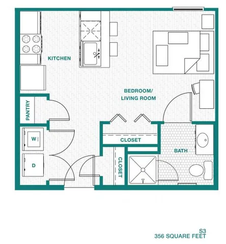 Contemporary 2D floor plan showcasing a studio layout with an open kitchen, spacious bedroom/living area, modern bath, and ample closet space, totaling 356 square feet.