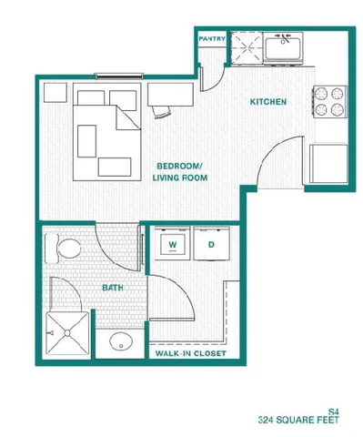 Efficient studio apartment floor plan showcasing a combined bedroom/living room, a modern kitchen with pantry, and a spacious bath. Includes a walk-in closet and laundry area within 324 square feet.