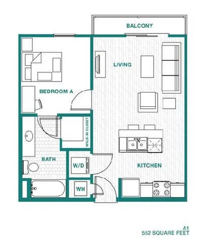 Modern A1 floor plan showcasing 1 bedroom, spacious open living and kitchen area, with a balcony and 552 square feet of elegant design.