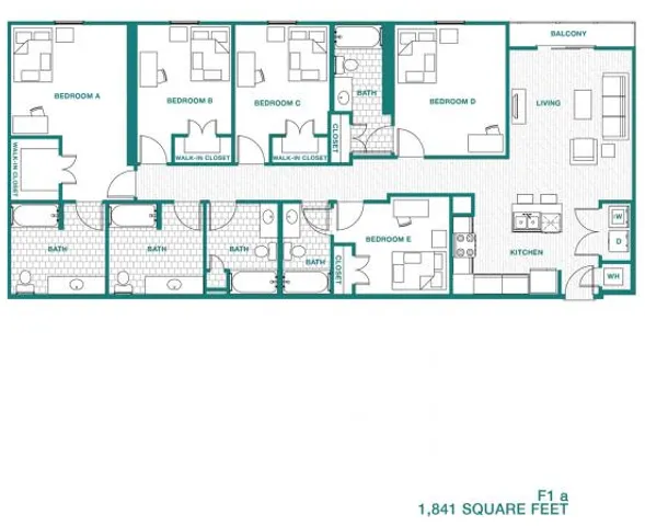Expansive F1a floor plan featuring 5 bedrooms, modern kitchen, open living area, and large balcony, spread across 1,841 square feet.
