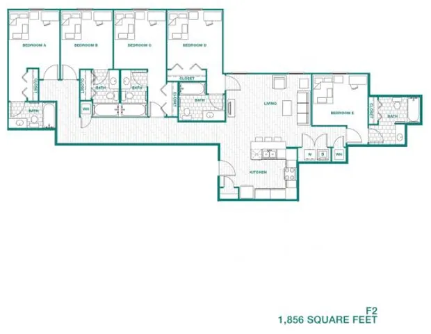 Expansive 1,856 sq ft apartment floor plan featuring 4 bedrooms, a modern kitchen, and an open-concept living space.