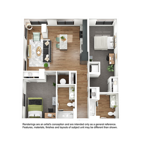 Modern 3D apartment floor plan showcasing two cozy bedrooms, an elegant open-plan living and dining area with sleek wood flooring, and two contemporary bathrooms.
