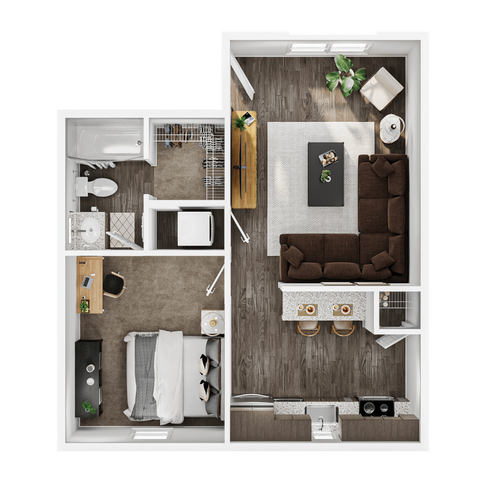 Modern 1-bedroom floor plan featuring a cozy bedroom, a stylish bathroom, and an open-concept living and kitchen area.