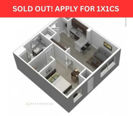 Chic 3D apartment layout featuring a cozy bedroom, modern kitchen with island, stylish living area, and elegant bathroom.