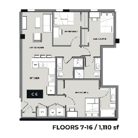 Modern 3-bedroom apartment floor plan with a spacious kitchen, elegant living room, and convenient layout on floors 7-16, 1,110 sq ft.