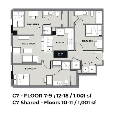 Elegant C7 floor plan with 2 bedrooms, a stylish living room, and a modern kitchen layout. Available on floors 7-9 and 12-18 with 1,001 sq ft size.