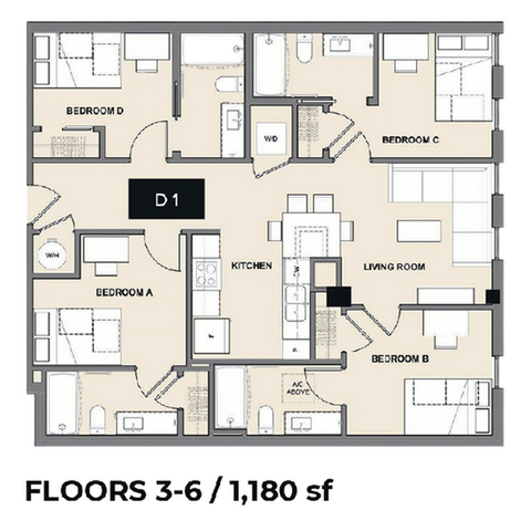 Modern floor plan for apartments on floors 3-6, featuring 4 bedrooms, 2 bathrooms, spacious living room, and open kitchen layout, spanning 1,180 sq ft.