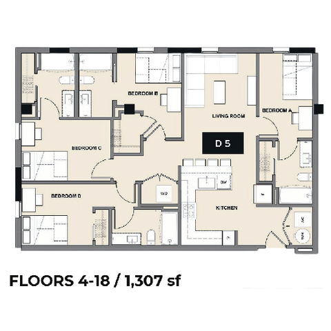 Modern floor plan D5 showcasing 4 bedrooms, spacious living room, and open kitchen, spanning 1,307 sq ft on floors 4-18.