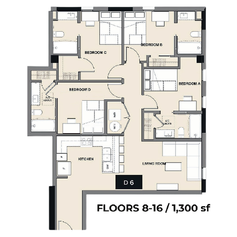Modern floor plan showcasing 4 spacious bedrooms, elegant living room, and a well-appointed kitchen, spanning 1,300 sq ft on floors 8-16.