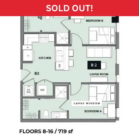 Contemporary floor plan showcasing a 2-bedroom, open living room, and modern kitchen, spread over 719 sq ft on floors 8-16.