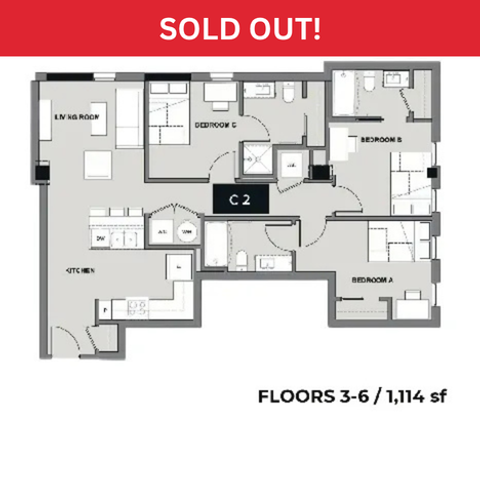 Elegant floor plan showcasing a spacious layout with three bedrooms, two bathrooms, and an inviting open-concept living area, spanning 1,114 square feet on floors 3-6.