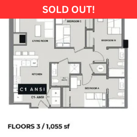 Modern floor plan of 1,055 sq ft featuring three bedrooms, a sleek kitchen, and an inviting living room, marked \'C1 ANSI\'.