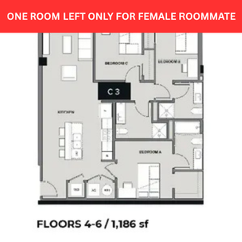 Modern floor plan showcasing 3 bedrooms, open-concept kitchen, and spacious living area, perfect for comfortable living on floors 4-6, 1,186 sq ft.