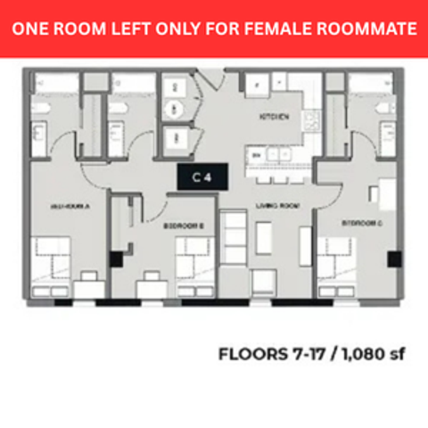Modern floor plan featuring three bedrooms, a well-appointed kitchen, and a cozy living room, perfect for roommates. Spacious design spanning 1,080 sq ft across floors 7-17.