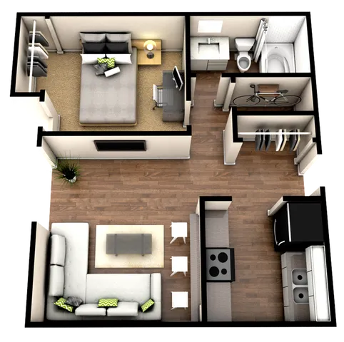 1-Bedroom 3-D Floorplan