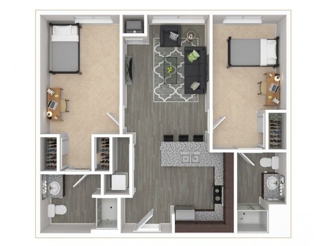 2 bed, 2 bath floorplan is 905 sq. ft.