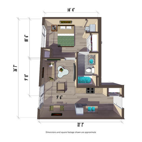 491 square foot one bedroom apartment