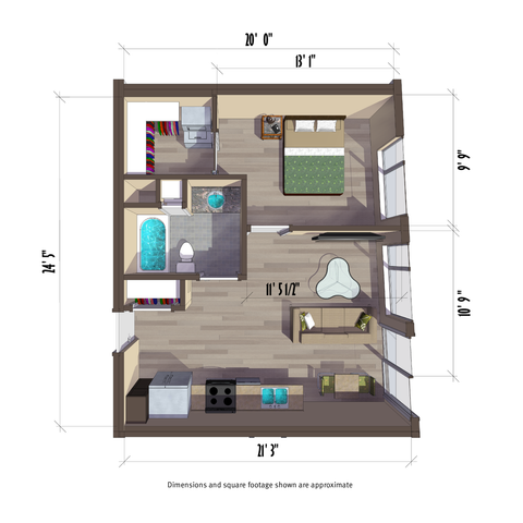 545 square foot one bedroom apartment