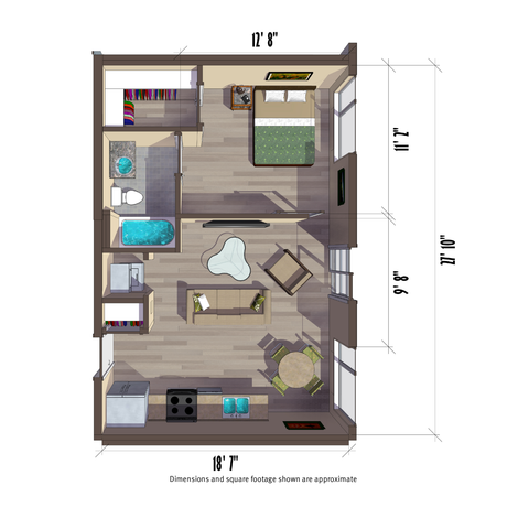 557 square foot one bedroom apartment