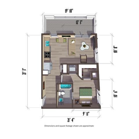 601 square foot one bedroom apartment