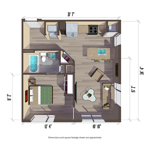 615 square foot one bedroom apartment