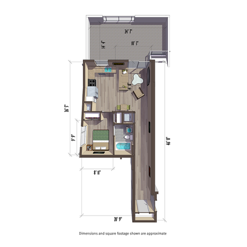 654 square foot one bedroom apartment