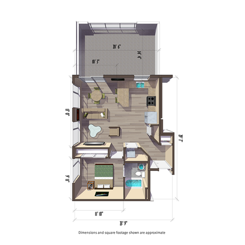 659 square foot one bedroom apartment