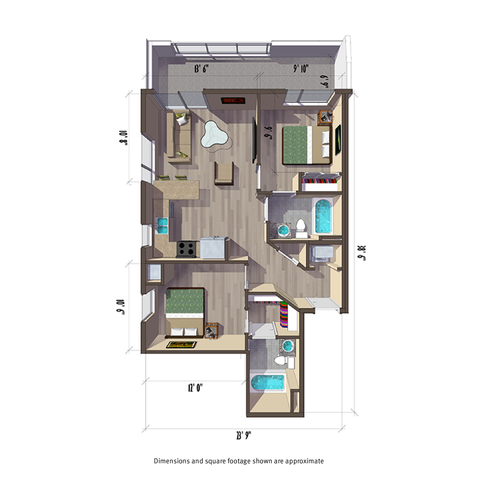 816 square foot two bedroom apartment