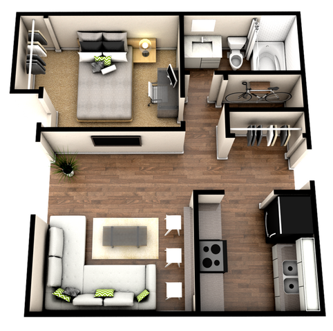 1-Bedroom 3-D Floorplan