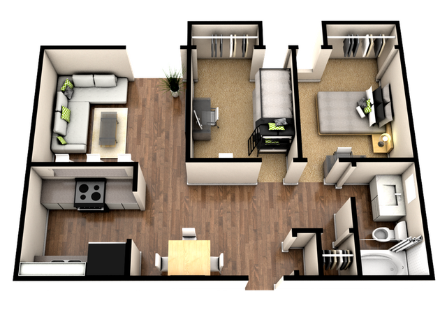 2-Bedroom 3-D Floorplan