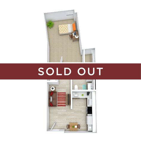 Modern studio apartment floor plan with cozy bedroom, stylish living area, and compact kitchen, marked as sold out.