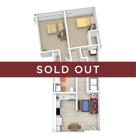 Modern 3D floor plan showcasing two bedrooms, an inviting open-plan living space with dining area, and a functional kitchen.