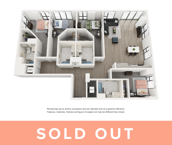 Contemporary 3D floor plan featuring 3 bedrooms, spacious living area, modern kitchen, and two elegant bathrooms, showcasing bright and airy interiors. Marked as sold out.