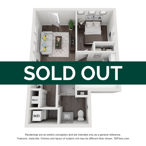 Chic 3D floor plan showcasing a cozy bedroom, inviting living area, and modern bathroom, now sold out.