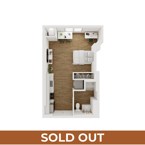 Modern studio apartment floor plan with a cozy bedroom, stylish kitchen, and efficient bathroom layout.