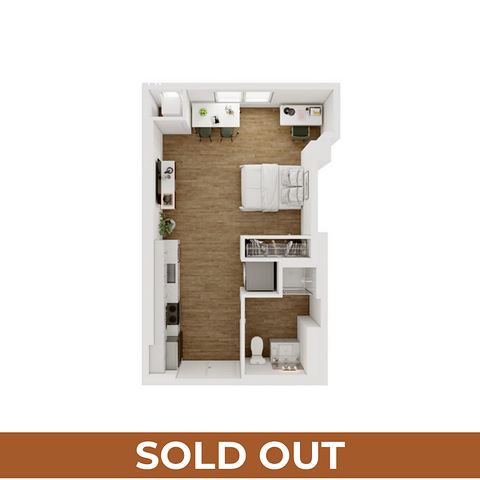 Modern studio apartment floor plan showcasing an open layout with a cozy sleeping area, efficient kitchen, inviting dining space, and a compact bathroom. Sold out status displayed.