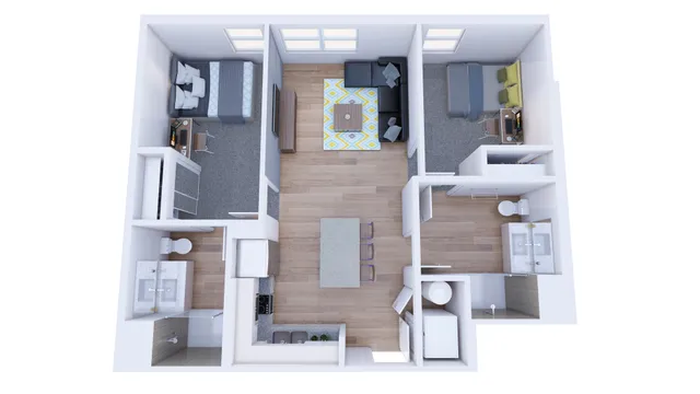Modern 3D floor plan showcasing two cozy bedrooms, an inviting open living space, and a sleek kitchen with an island bar.