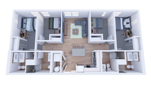 Modern 3D floor plan showcasing three bedrooms, inviting living space with vibrant decor, and a well-equipped kitchen, perfect for comfortable family living.