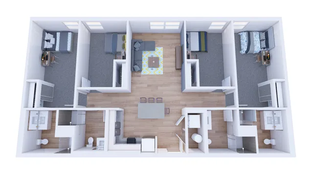 Modern 3D floor plan featuring 3 spacious bedrooms, an inviting living area, and a functional open kitchen layout.