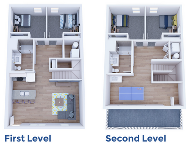 Charming 3D floor plan featuring a two-level design with two bedrooms and a cozy living area on the first level, and a versatile second level with recreation space.