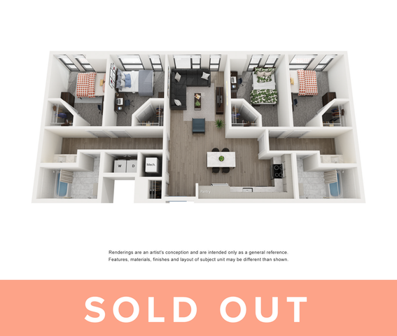 Charming floor plan featuring three bedrooms, cozy living area, and modern kitchen with elegant finishes; perfect for stylish urban living.