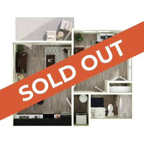 Contemporary 1-bedroom apartment floor plan with open living area, sleek kitchen, and modern bathroom. Sold out.