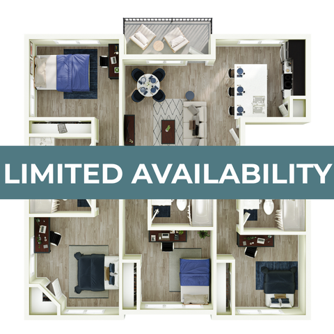 Modern floor plan showcasing three bedrooms, an open-concept living and dining area, and a spacious balcony, highlighting limited availability.