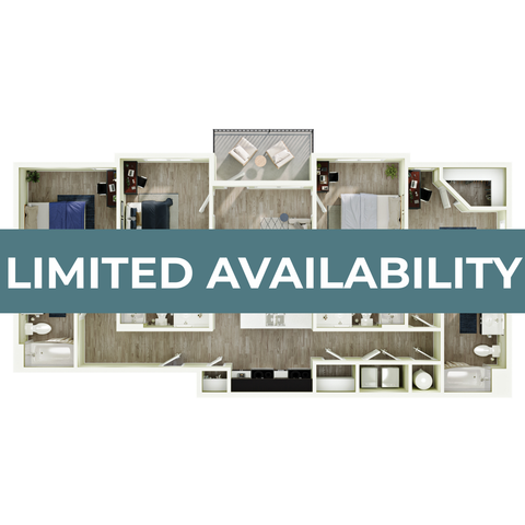 Elegant 3-bedroom apartment floor plan with open living space, sleek kitchen, and spacious bathrooms, highlighted by limited availability.