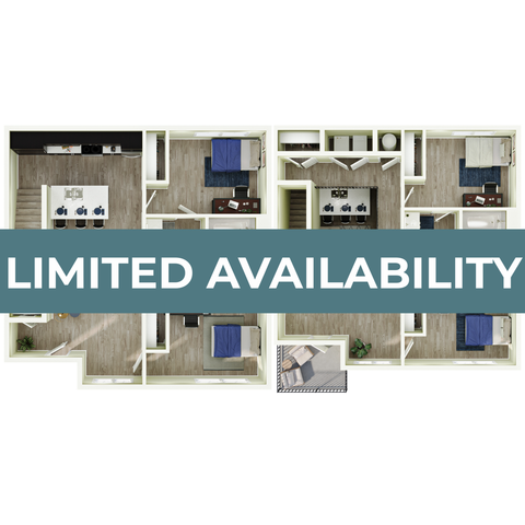 Contemporary floor plan featuring two spacious bedrooms, modern kitchen, and cozy living area, highlighting limited availability.