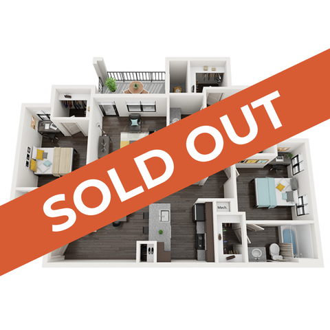 Chic 3D floor plan showcasing 2 bedrooms, a stylish open-plan living area, modern kitchen, and balcony view. Featuring a graceful layout with contemporary design, marked as sold out.
