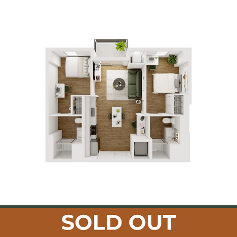 Modern floor plan showcasing 2 bedrooms, cozy living area, and sleek kitchen, perfect for contemporary living.