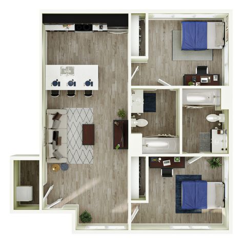 Modern floor plan showcasing a spacious 3-bedroom apartment with two elegant bathrooms, an open-concept kitchen, and a cozy living area, perfect for contemporary living.