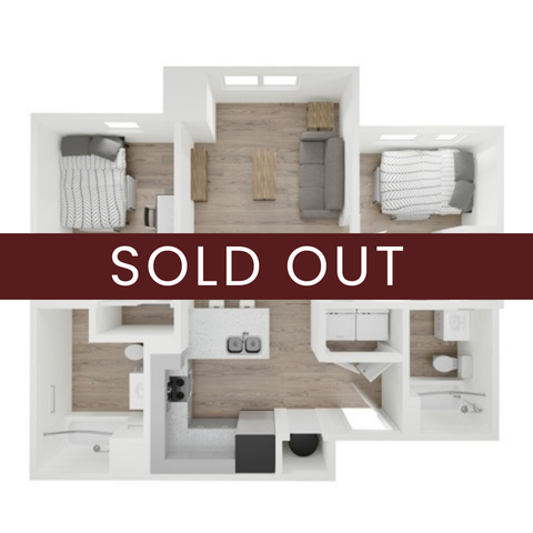 Modern 3D floor plan showcasing 2 bedrooms, an inviting living area, and a sleek kitchen layout, marked as sold out.